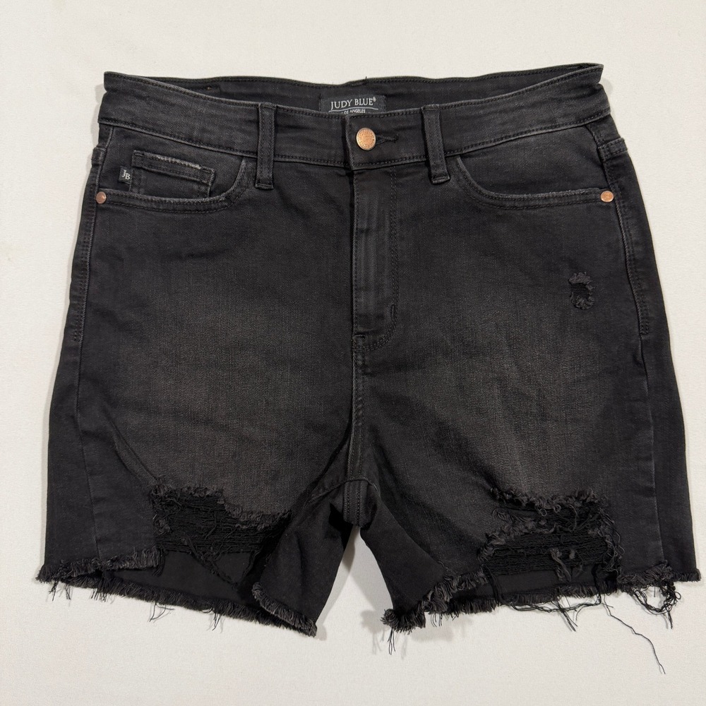 Judy Blue Denim Shorts Womens L Black Distressed Frayed Hem High Rise JB15272BK